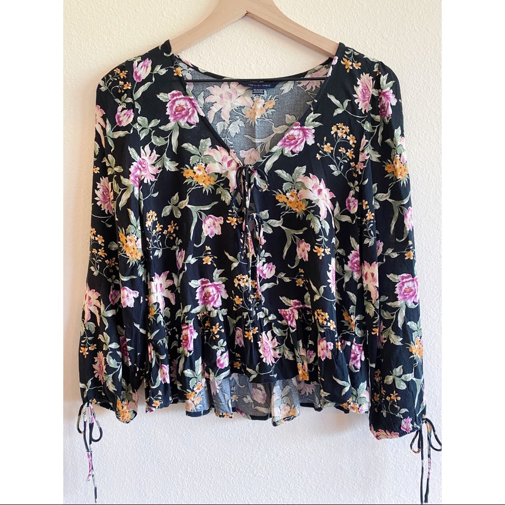 American Eagle Outfitters Floral Tie Blouse
